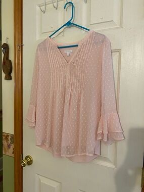 Charter Club Pale Pink Swiss Dot Pintuck Ruffle Blouse